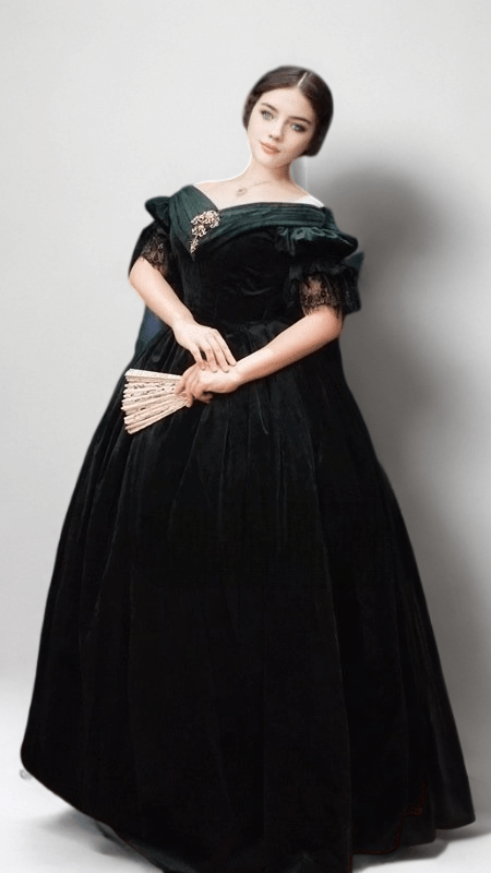 Black Velvet Off-Shoulder Gothic Lolita Ball Gown with Vintage Victorian Brooch Plus Size - WonderlandByLilian