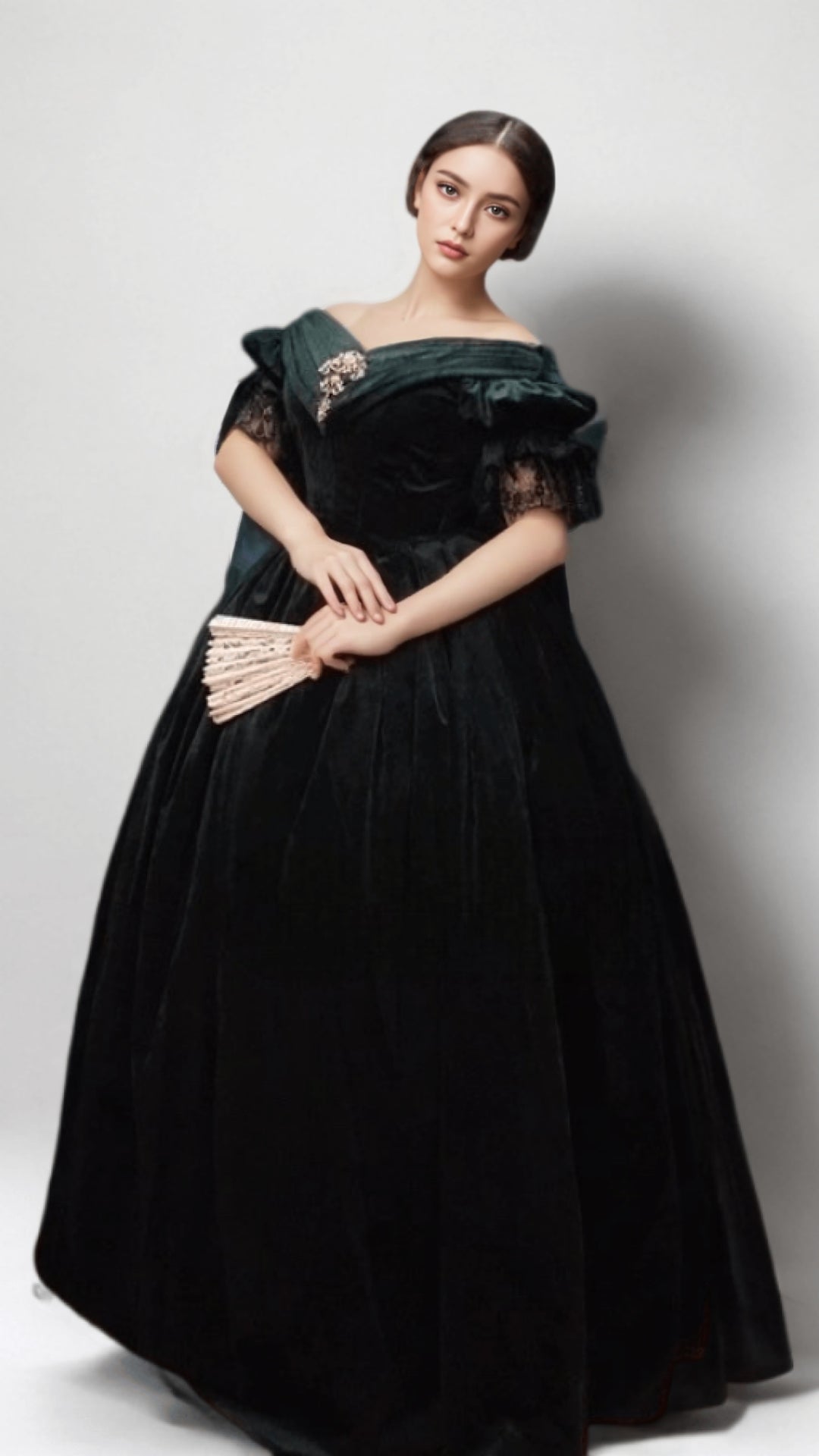 Black Velvet Off-Shoulder Gothic Lolita Ball Gown with Vintage Victorian Brooch Plus Size Size 24W / Teal Green Black Velvet Off-Shoulder Gothic Lolita Ball Gown with Vintage Victorian Brooch Plus Size Size 24W / Teal Green