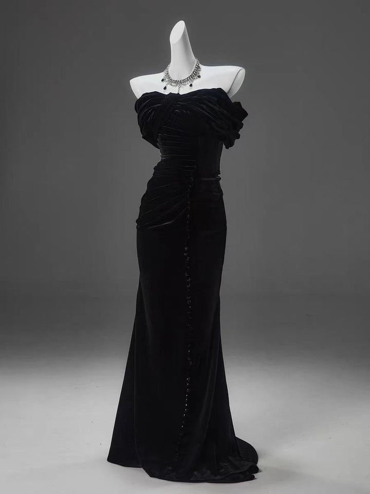 Black Velvet Off - the - Shoulder Evening Gown - Plus Size Elegant Modest Dress - WonderlandByLilian