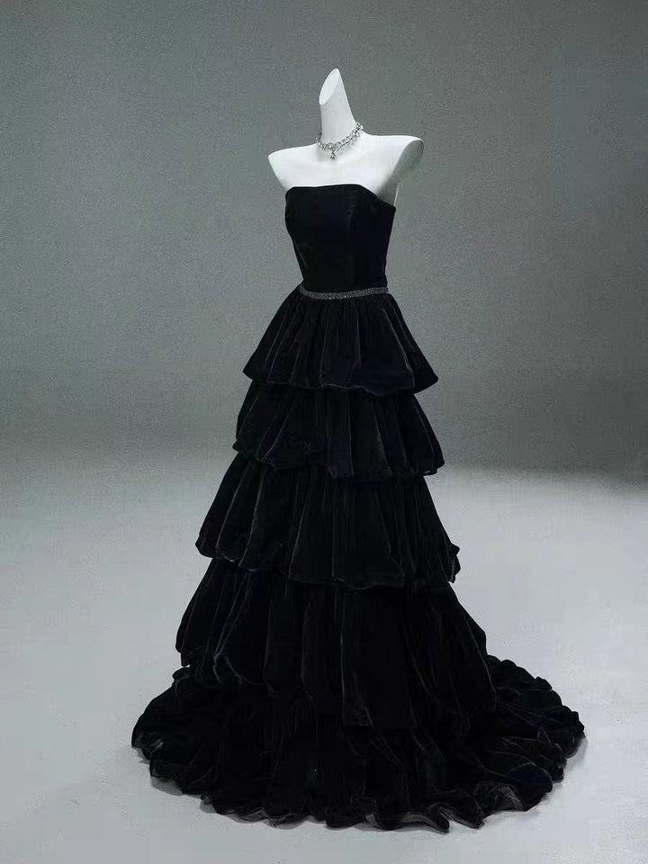 Black Velvet Strapless Ruffled Evening Gown - Plus Size Elegant Modest Dress - WonderlandByLilian