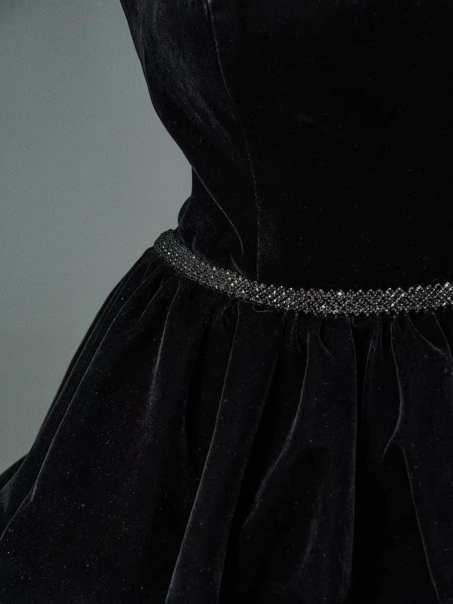 Gothic Black Strapless Tiered Velvet Ball Gown Evening Dress with Long Train - Plus Size Size 20W / Black Gothic Black Strapless Tiered Velvet Ball Gown Evening Dress with Long Train - Plus Size Size 20W / Black