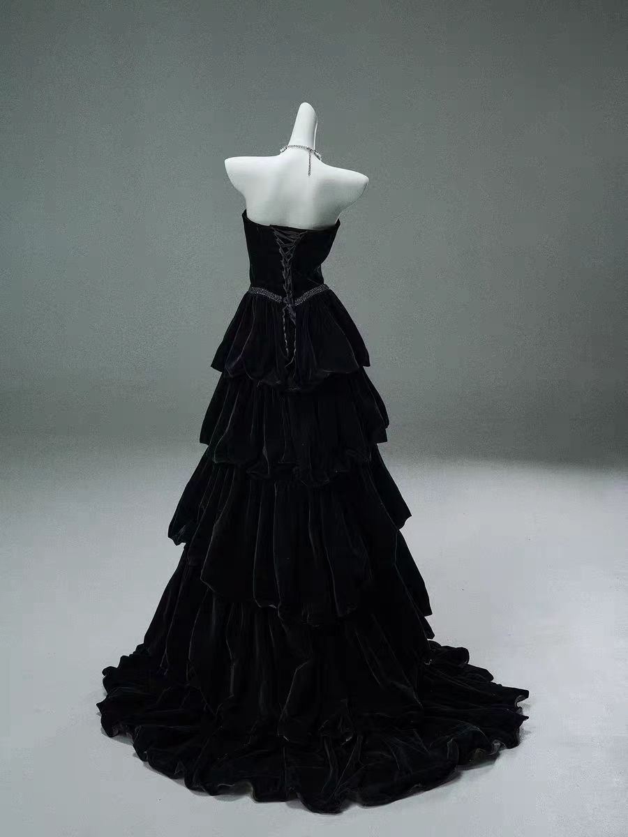 Gothic Black Strapless Tiered Velvet Ball Gown Evening Dress with Long Train