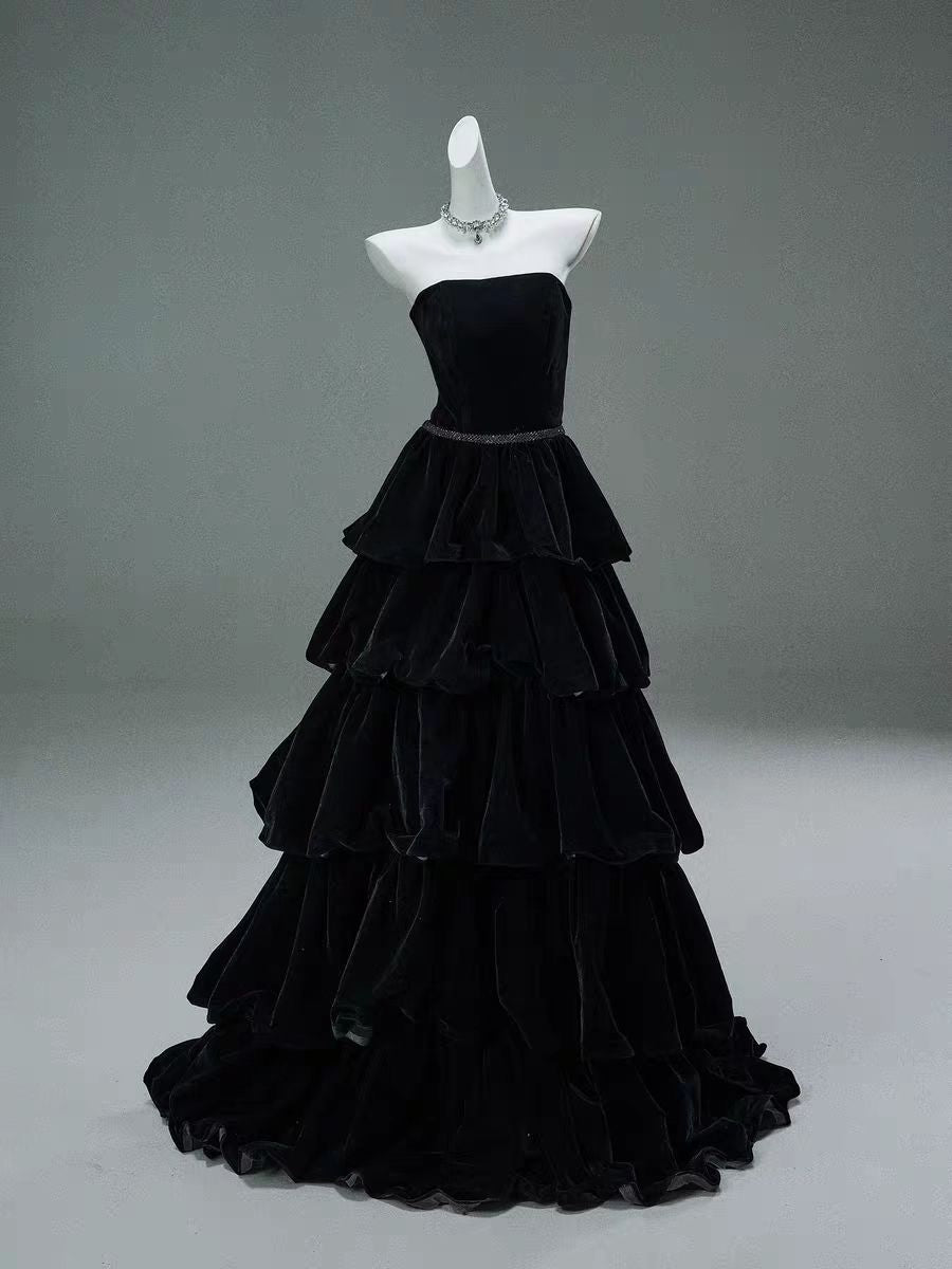 Gothic Black Strapless Tiered Velvet Ball Gown Evening Dress with Long Train - Plus Size Size 20W / Black / Dress Gothic Black Strapless Tiered Velvet Ball Gown Evening Dress with Long Train - Plus Size Size 20W / Black / Dress