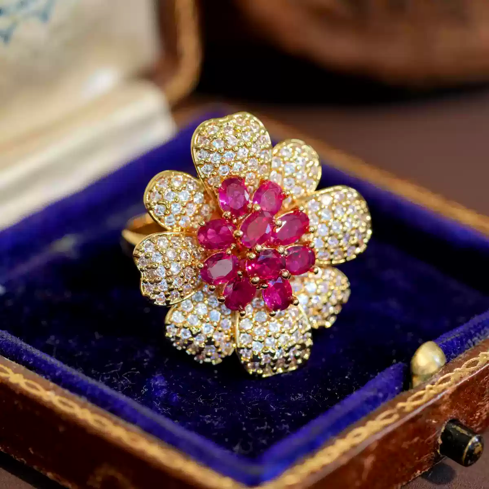 Bloom of Ruby Dreams – Vintage Floral Ring - Ruby Begonia - WonderlandByLilian