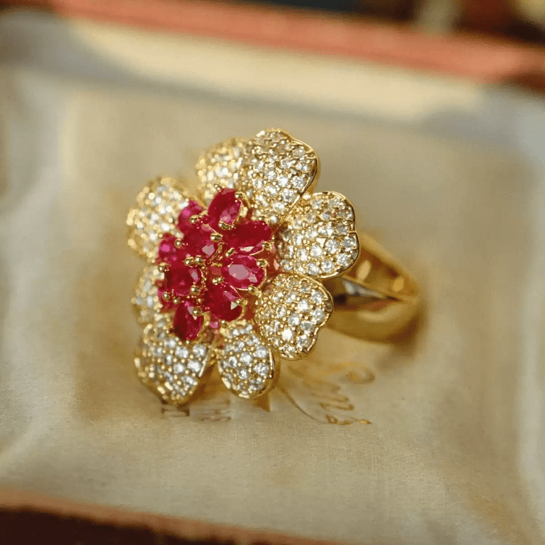 Bloom of Ruby Dreams – Vintage Floral Ring - Ruby Begonia - WonderlandByLilian
