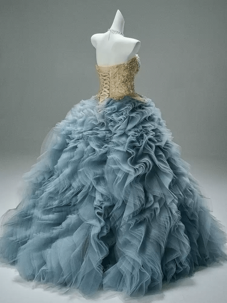 Blue and Gold Evening Dress with Embellished Corset – Layered Tulle Ruffle Dress with Lace - Up Back Plus Size - WonderlandByLilian