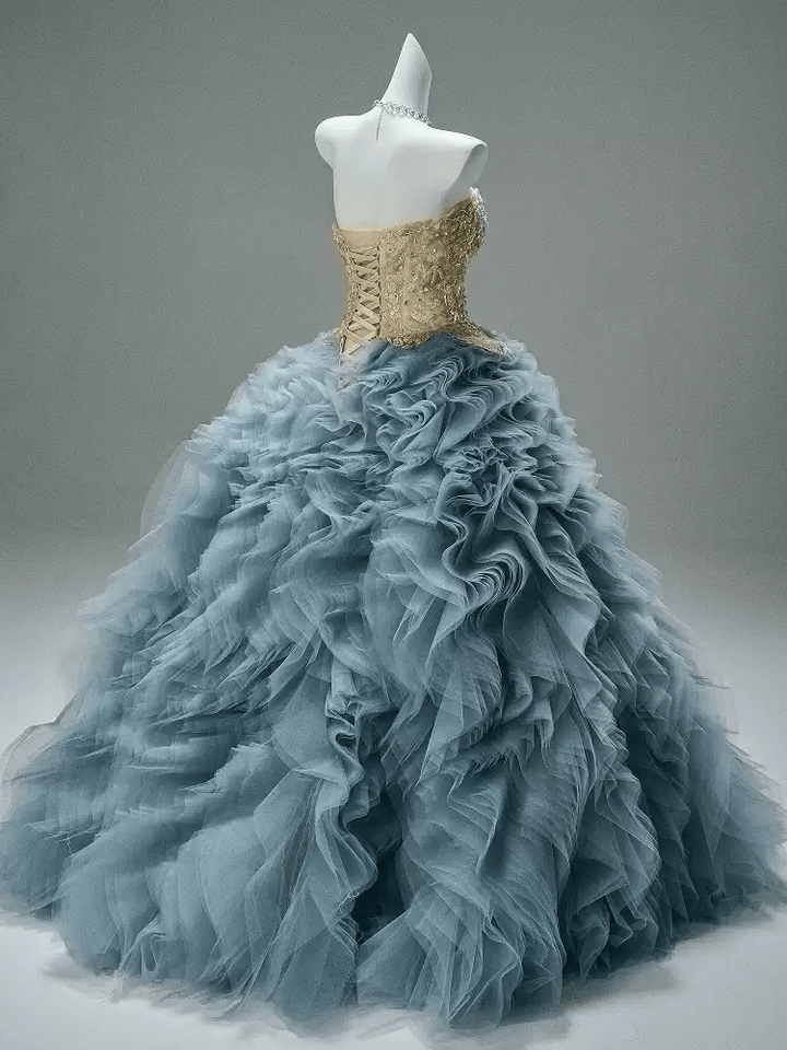 Blue and Gold Evening Dress with Embellished Corset – Layered Tulle Ruffle Dress with Lace - Up Back Plus Size - WonderlandByLilian