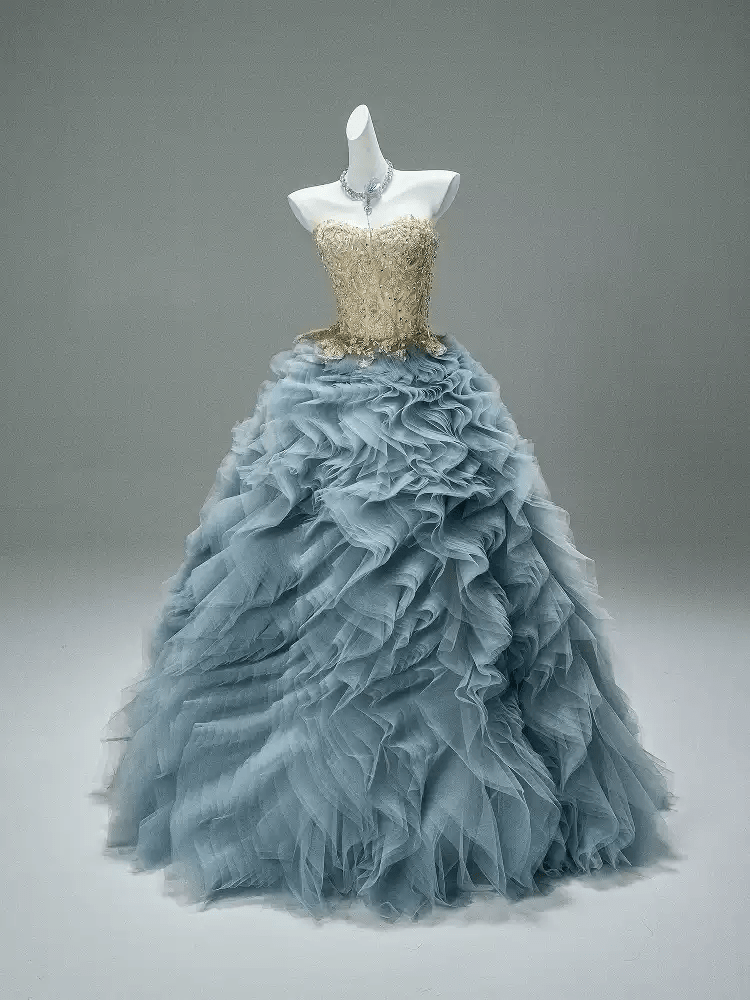 Blue and Gold Evening Dress with Embellished Corset – Layered Tulle Ruffle Dress with Lace - Up Back Plus Size - WonderlandByLilian