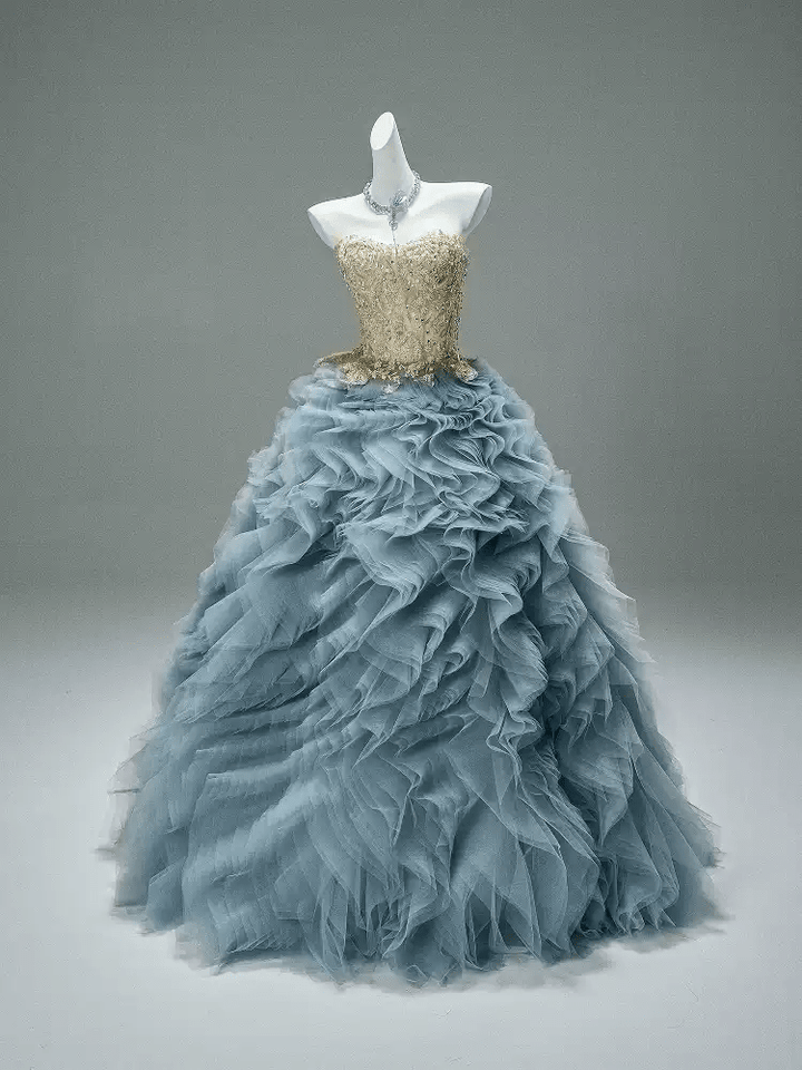 Blue and Gold Evening Dress with Embellished Corset – Layered Tulle Ruffle Dress with Lace - Up Back Plus Size - WonderlandByLilian