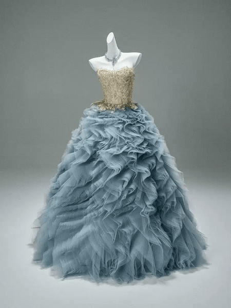 Blue and Gold Evening Dress with Embellished Corset – Layered Tulle Ru – WonderlandByLilian