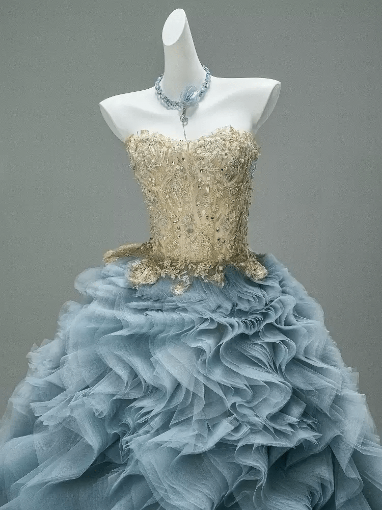 Blue and Gold Evening Dress with Embellished Corset – Layered Tulle Ruffle Dress with Lace - Up Back Plus Size - WonderlandByLilian