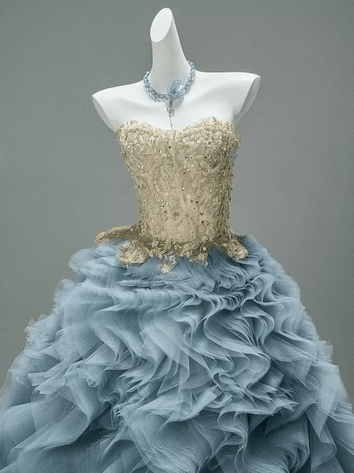 Blue and Gold Evening Dress with Embellished Corset – Layered Tulle Ruffle Dress with Lace - Up Back Plus Size - WonderlandByLilian