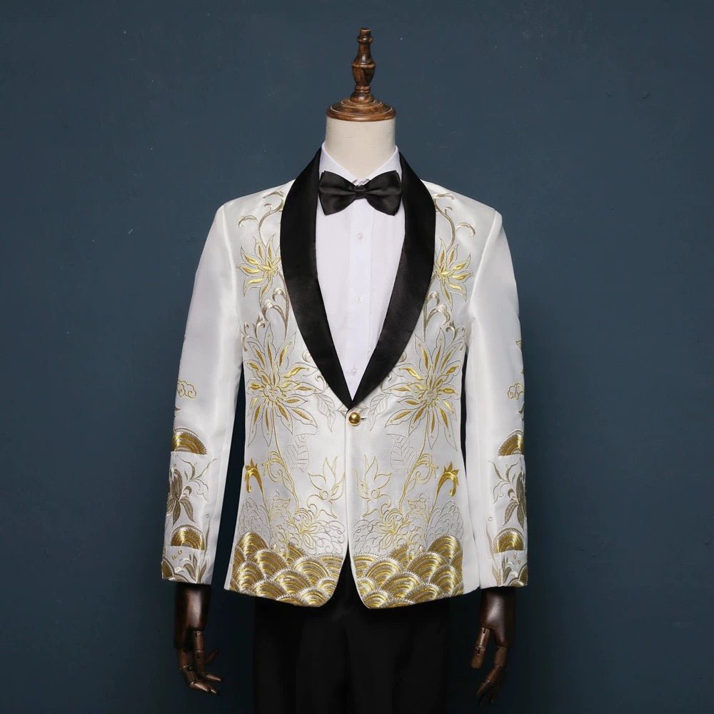 Blue and Gold Regency Vintage Menswear - Embroidered Satin Suit Jacket for Men Plus Size - WonderlandByLilian