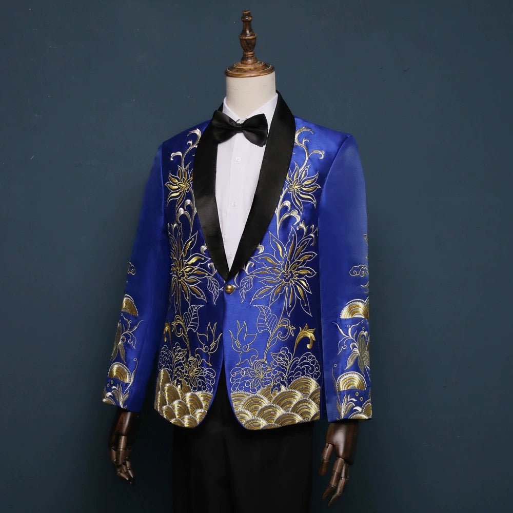 Blue and Gold Regency Vintage Menswear - Embroidered Satin Suit Jacket for Men Plus Size - WonderlandByLilian