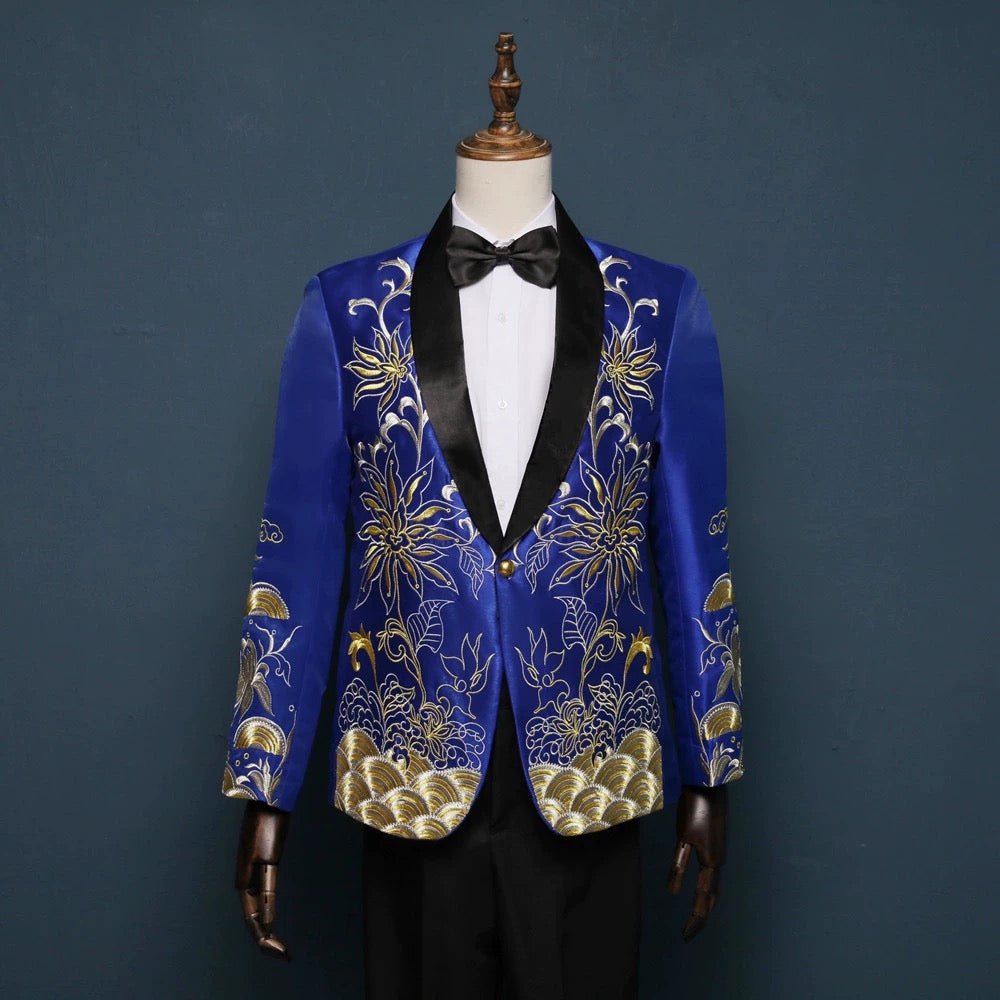 Blue and Gold Regency Vintage Menswear - Embroidered Satin Suit Jacket for Men Plus Size - WonderlandByLilian