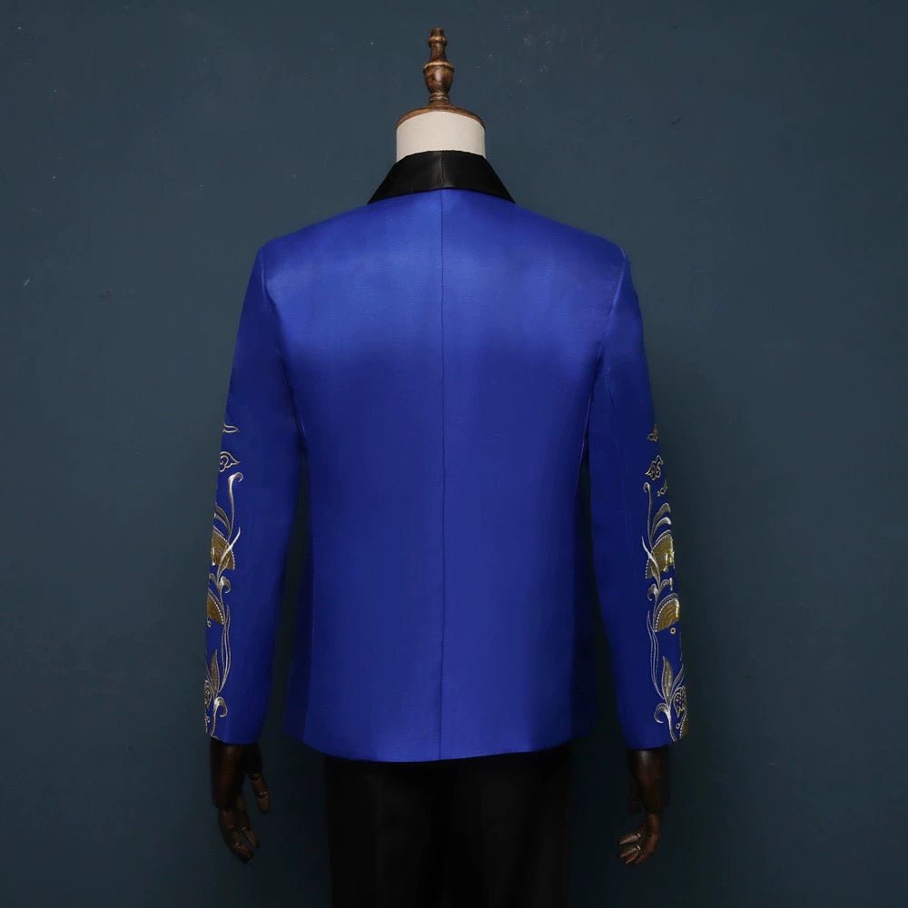 Blue and Gold Regency Vintage Menswear - Embroidered Satin Suit Jacket for Men Plus Size - WonderlandByLilian