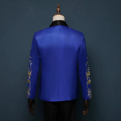 Blue and Gold Regency Vintage Menswear - Embroidered Satin Suit Jacket for Men Plus Size - WonderlandByLilian