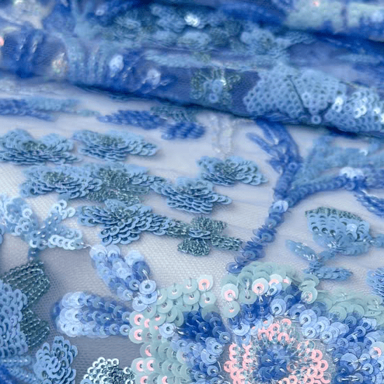 Blue and Green Embroidered Floral Tulle with Sequins Fabric - WonderlandByLilian