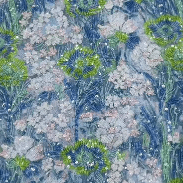 Blue and Green Embroidered Floral Tulle with Sequins Fabric - WonderlandByLilian