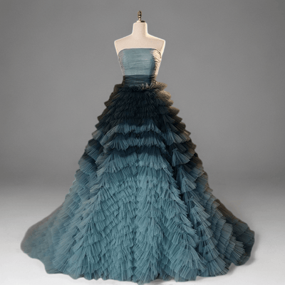 Blue and Grey Layered Tulle Party Dress - Strapless Wedding Dress Plus Size - WonderlandByLilian