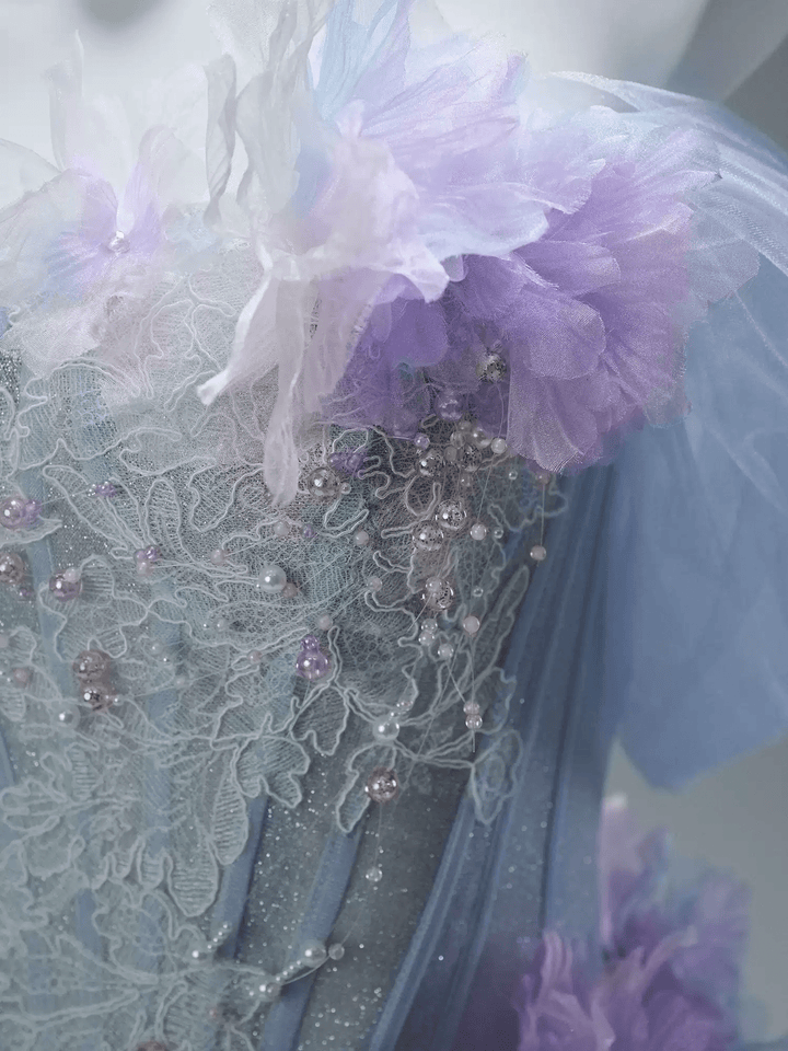 Blue and Purple High Low Dress with Floral Appliqué and Tulle – Strapless Evening Dress with Corset Back Plus Size - WonderlandByLilian