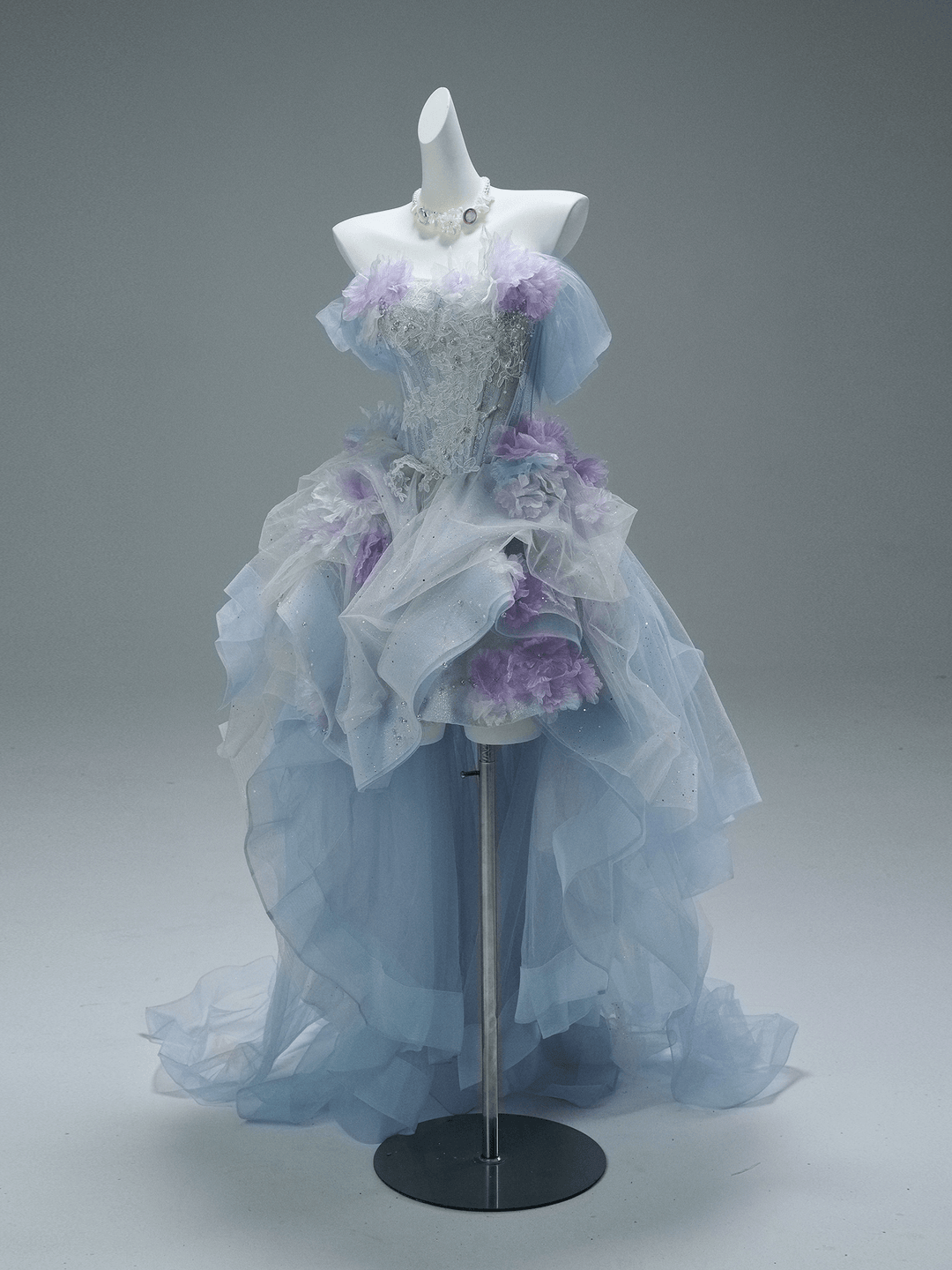Blue and Purple High Low Dress with Floral Appliqué and Tulle – Strapless Evening Dress with Corset Back Plus Size - WonderlandByLilian