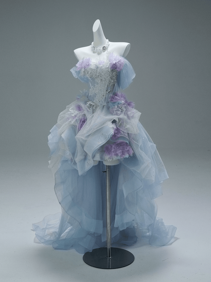 Blue and Purple High Low Dress with Floral Appliqué and Tulle – Strapless Evening Dress with Corset Back Plus Size - WonderlandByLilian