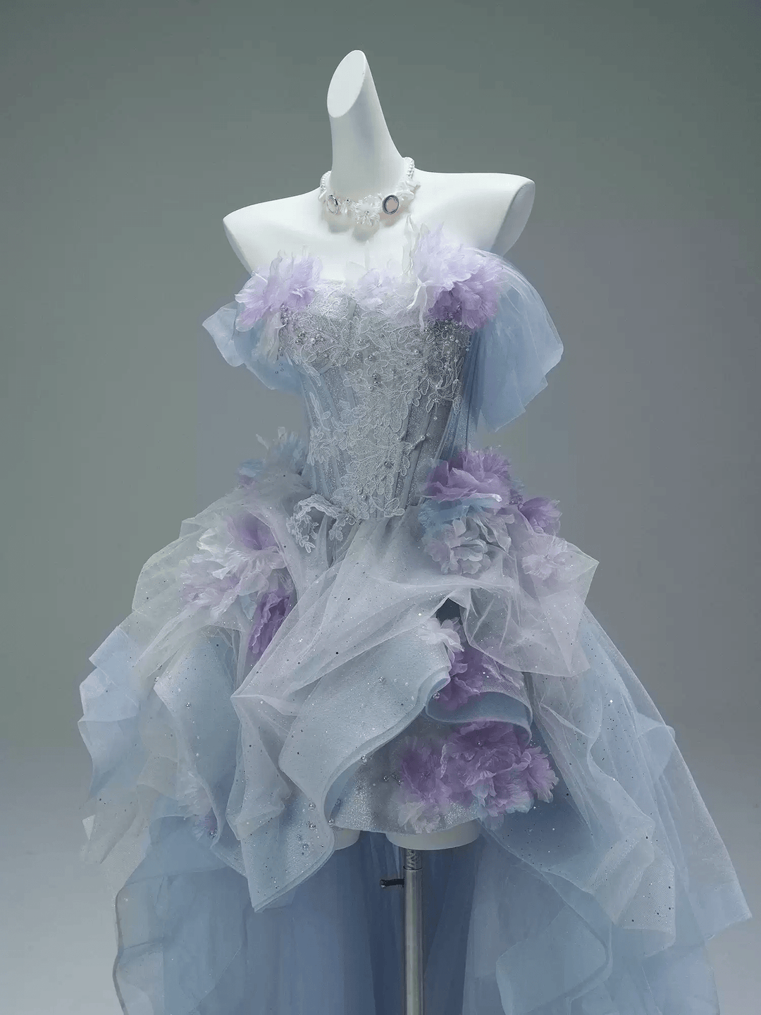 Blue and Purple High Low Dress with Floral Appliqué and Tulle – Strapless Evening Dress with Corset Back Plus Size - WonderlandByLilian