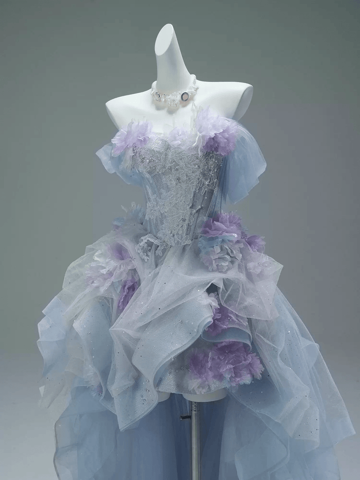Blue and Purple High Low Dress with Floral Appliqué and Tulle – Strapless Evening Dress with Corset Back Plus Size - WonderlandByLilian