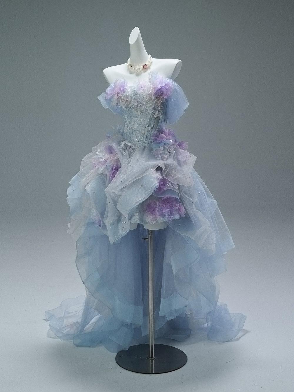 Blue and Purple High Low Dress with Floral Appliqué and Tulle – Strapless Evening Dress with Corset Back Plus Size - WonderlandByLilian