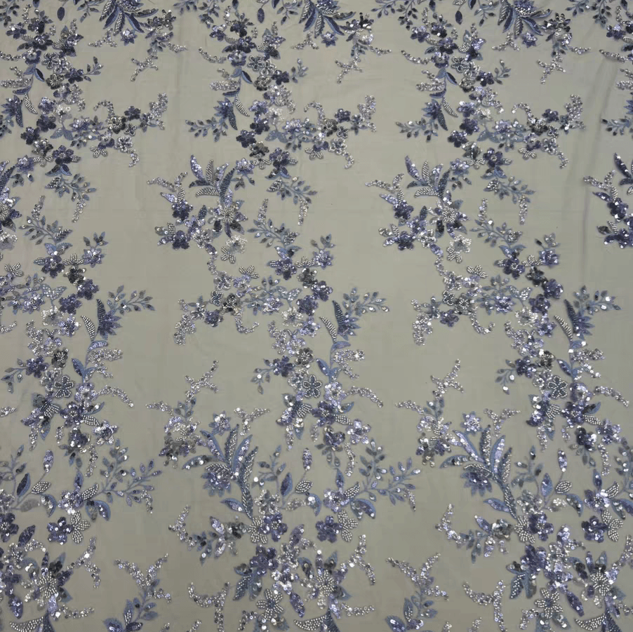 Blue and Silver Sequin Floral Embroidered Lace Fabric - WonderlandByLilian