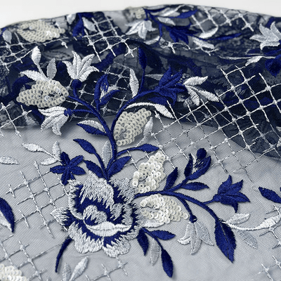 Blue and White Floral Sequin Embroidered Tulle Lace Fabric - WonderlandByLilian