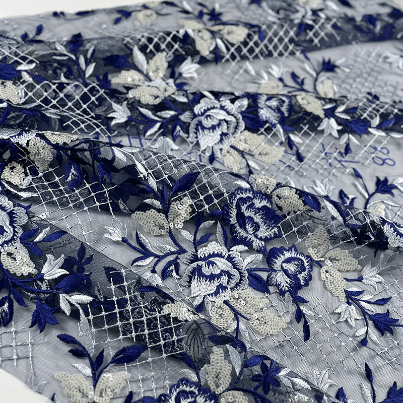 Blue and White Floral Sequin Embroidered Tulle Lace Fabric - WonderlandByLilian