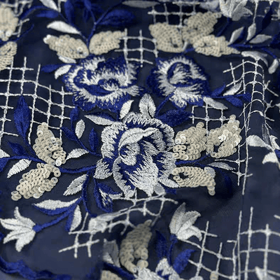 Blue and White Floral Sequin Embroidered Tulle Lace Fabric - WonderlandByLilian