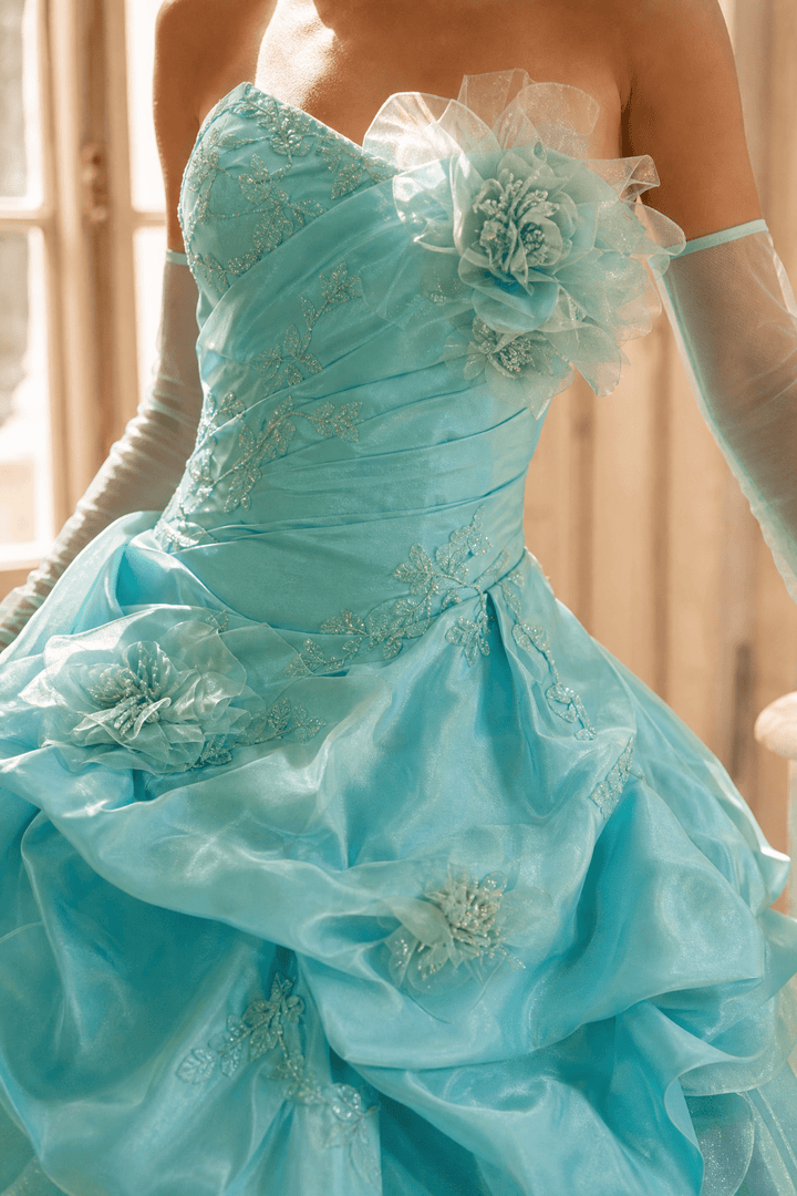 Blue Ball Gown with Floral Appliqué – Strapless Layered Tulle Ruffle Dress with Lace - Up Back Plus Size - WonderlandByLilian