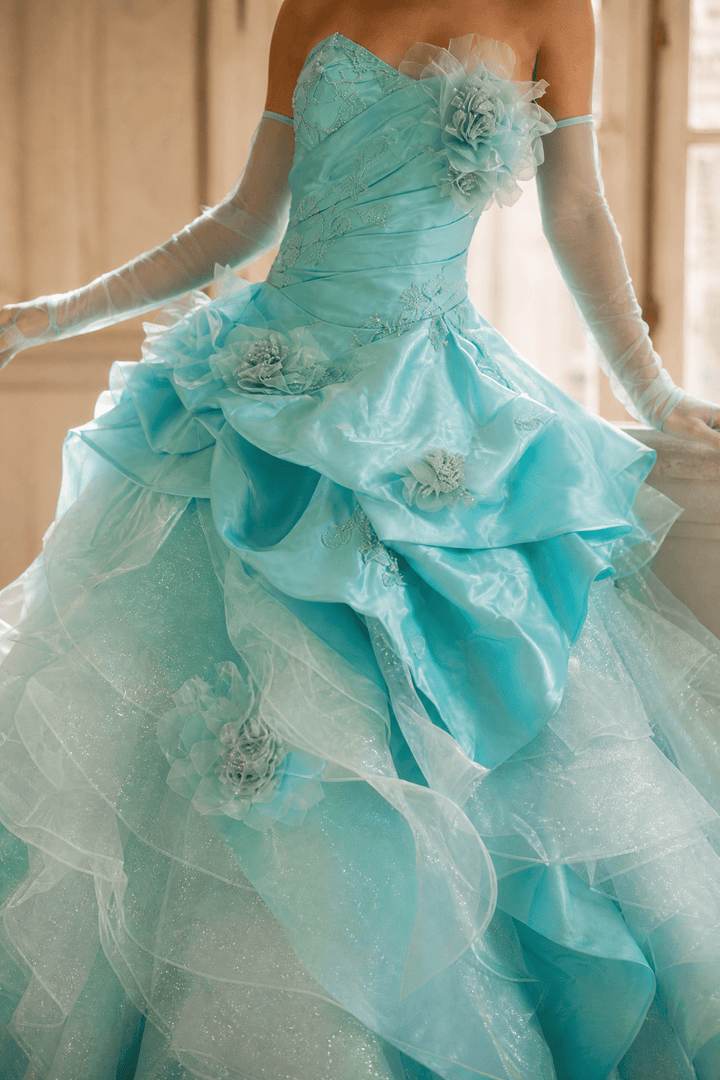 Blue Ball Gown with Floral Appliqué – Strapless Layered Tulle Ruffle Dress with Lace - Up Back Plus Size - WonderlandByLilian