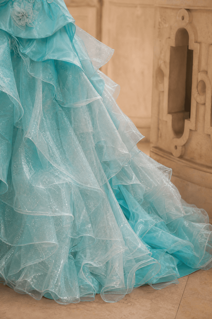 Blue Ball Gown with Floral Appliqué – Strapless Layered Tulle Ruffle Dress with Lace - Up Back Plus Size - WonderlandByLilian