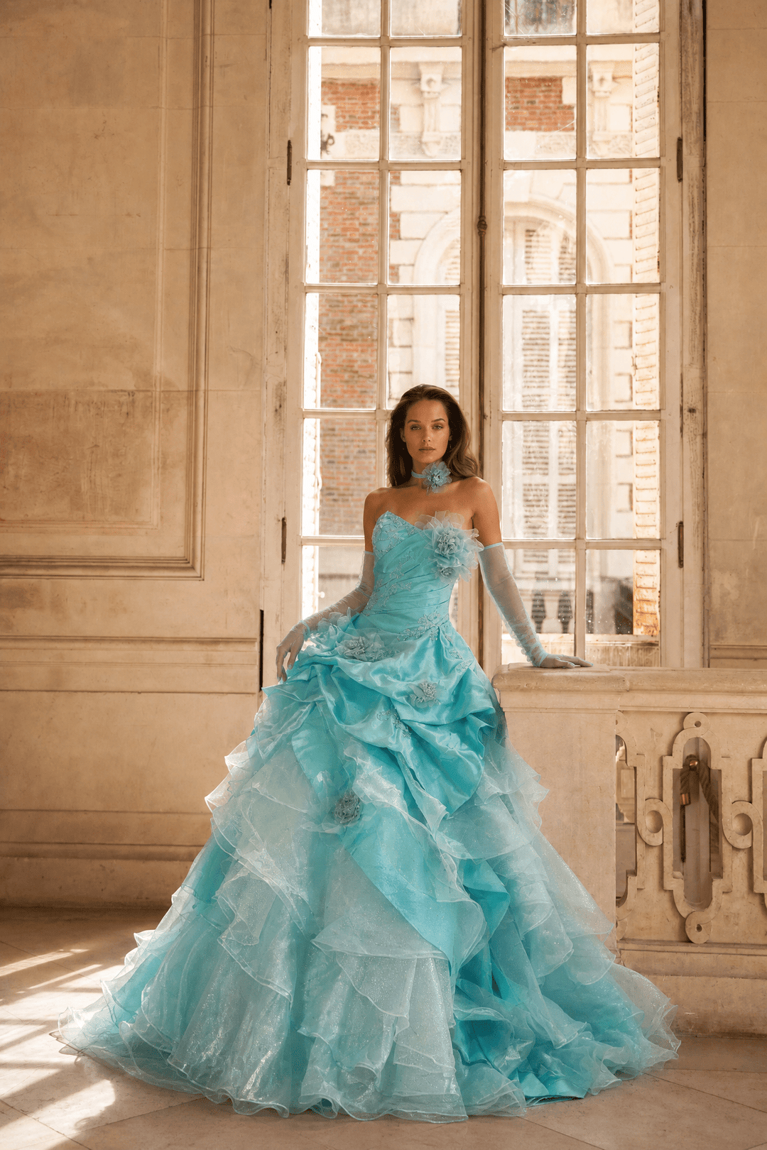 Blue Ball Gown with Floral Appliqué – Strapless Layered Tulle Ruffle Dress with Lace-Up Back Plus Size Size 14 / Light Blue / Dress