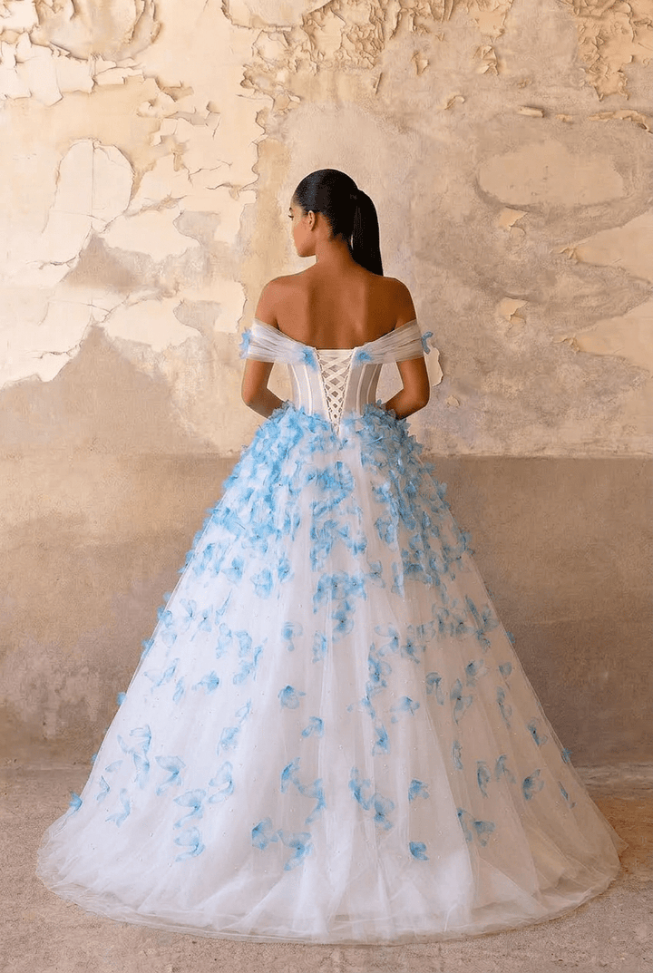 Blue Butterfly Appliqué Ball Gown with Off Shoulder Corset Bodice Ethereal Princess Tulle Evening Dress Romantic Couture Formal Gown Fairytale Prom Dress Plus Size - WonderlandByLilian