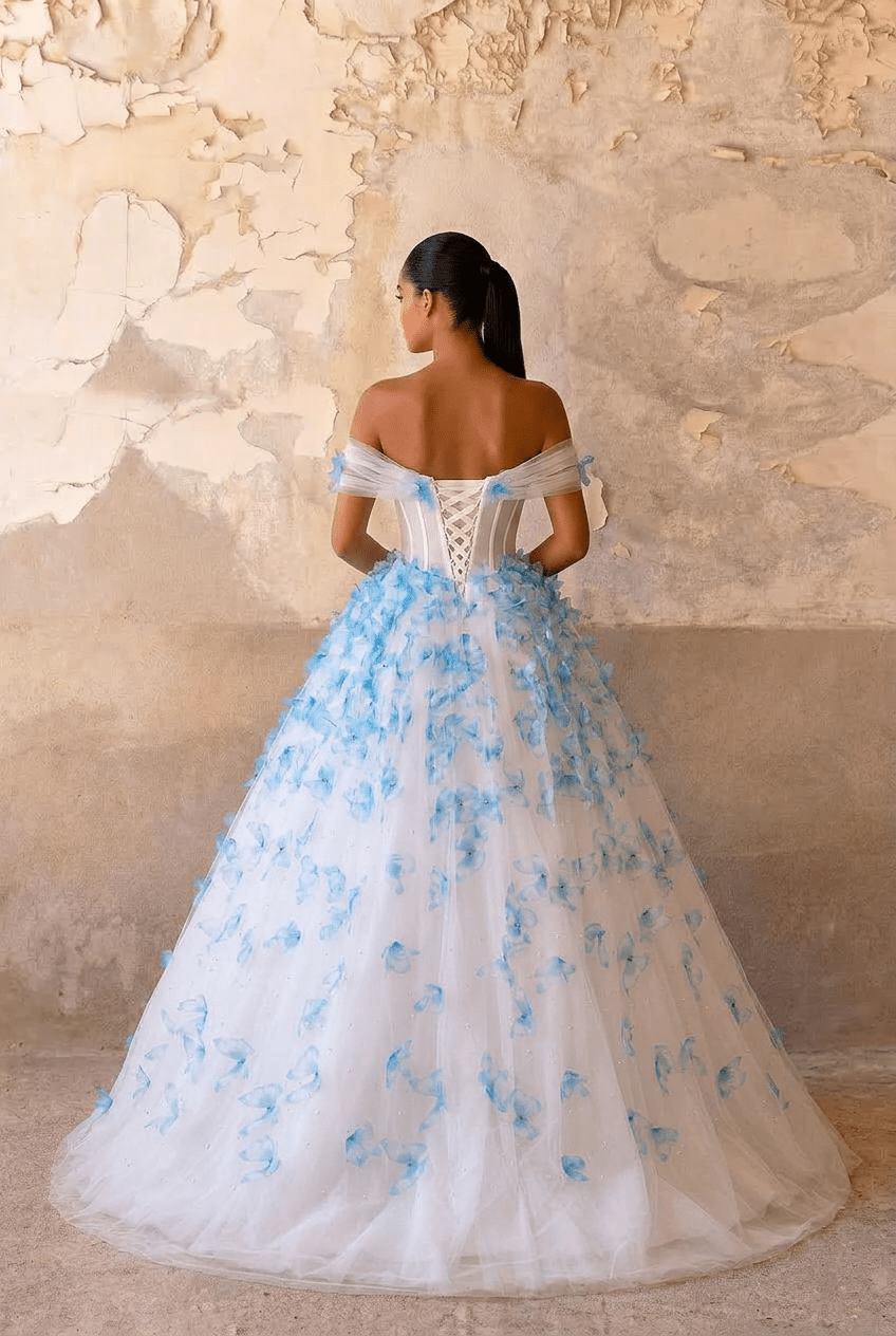 Blue Butterfly Appliqué Ball Gown with Off Shoulder Corset Bodice Ethereal Princess Tulle Evening Dress Romantic Couture Formal Gown Fairytale Prom