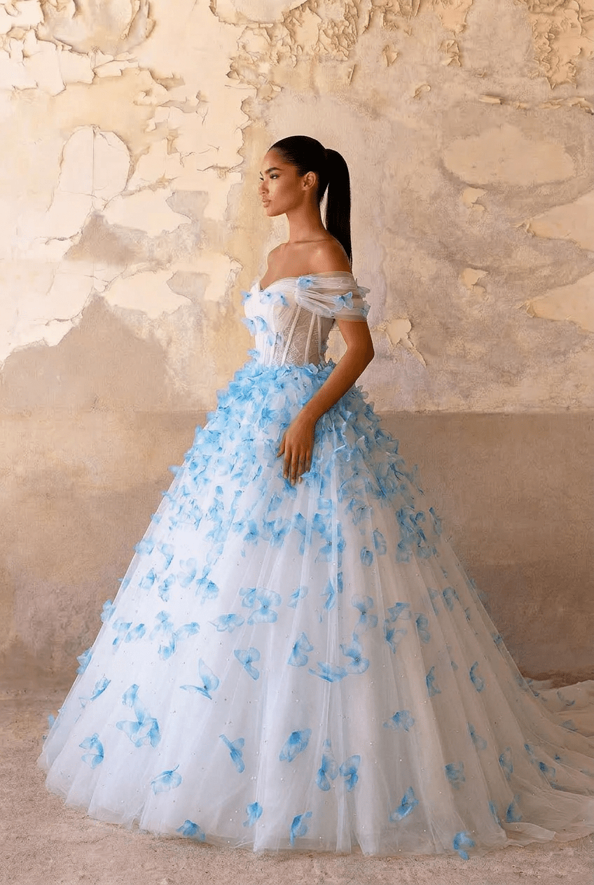 Blue Butterfly Appliqué Ball Gown with Off Shoulder Corset Bodice Ethereal Princess Tulle Evening Dress Romantic Couture Formal Gown Fairytale Prom
