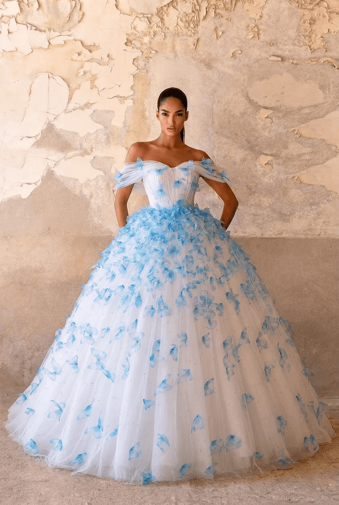 Blue Butterfly Appliqué Ball Gown with Off Shoulder Corset Bodice Ethereal Princess Tulle Evening Dress Romantic Couture Formal Gown Fairytale Prom