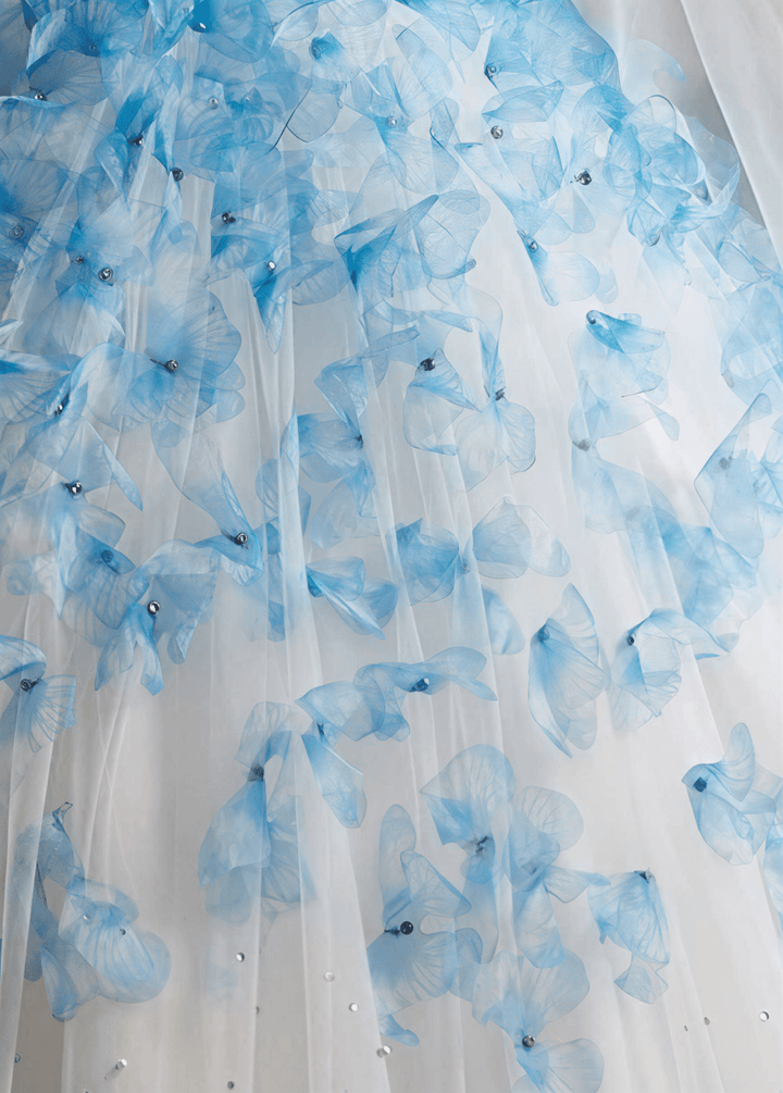 Blue Butterfly Appliqué Ball Gown with Off Shoulder Corset Bodice Ethereal Princess Tulle Evening Dress Romantic Couture Formal Gown Fairytale Prom Dress Plus Size - WonderlandByLilian