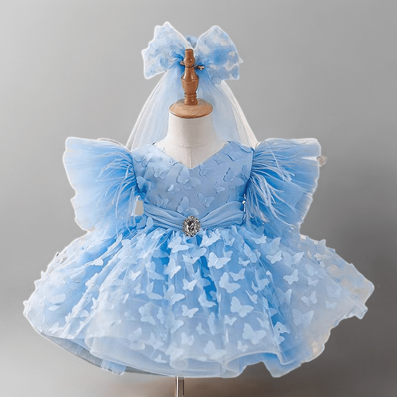 Blue Butterfly Appliqué Tulle Dress with V - Neckline – Plus Size Flower Girl Gown - WonderlandByLilian