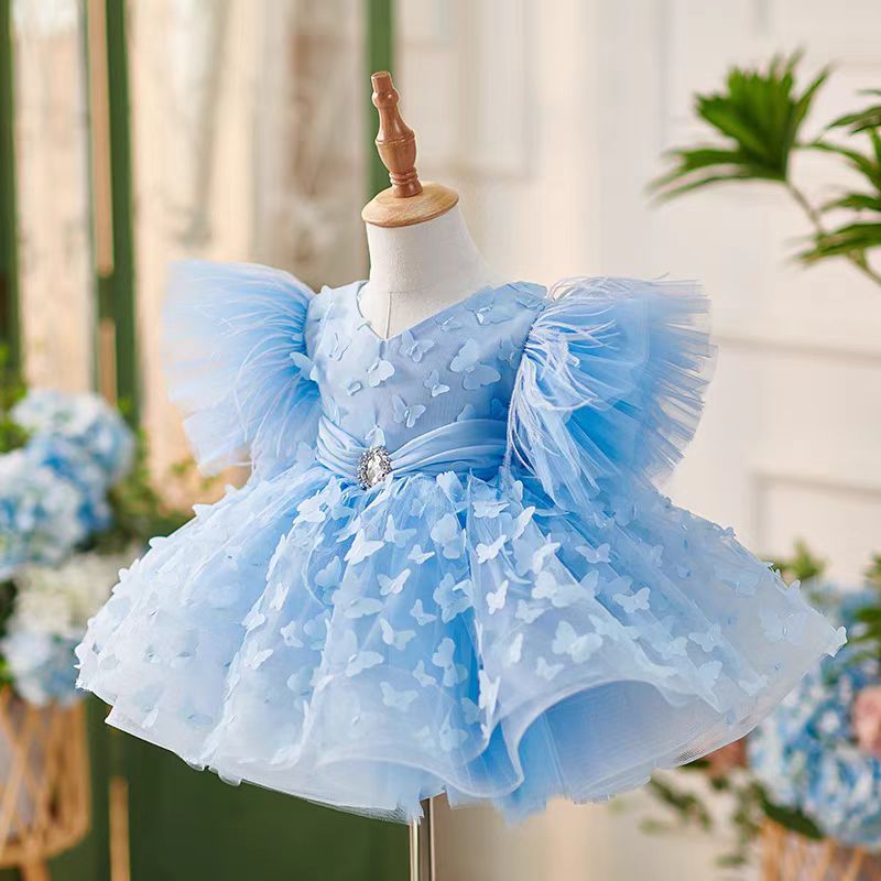 Blue Butterfly Appliqué Tulle Dress with V - Neckline – Plus Size Flower Girl Gown - WonderlandByLilian