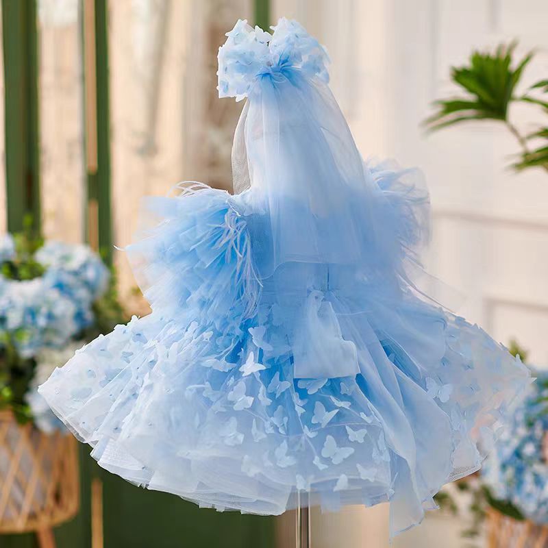 Blue Butterfly Appliqué Tulle Dress with V - Neckline – Plus Size Flower Girl Gown - WonderlandByLilian