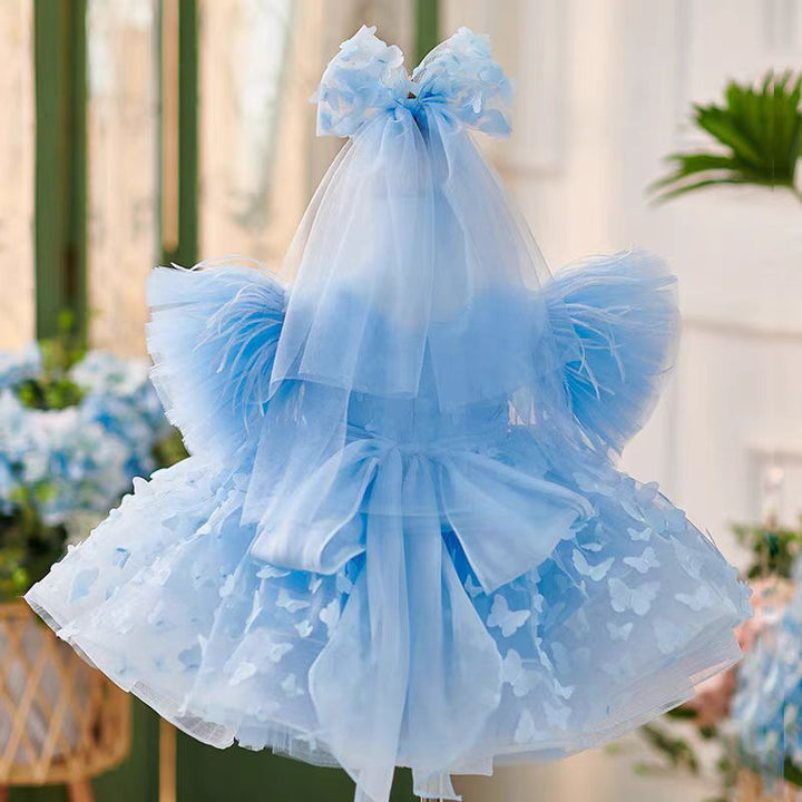 Blue Butterfly Appliqué Tulle Dress with V - Neckline – Plus Size Flower Girl Gown - WonderlandByLilian