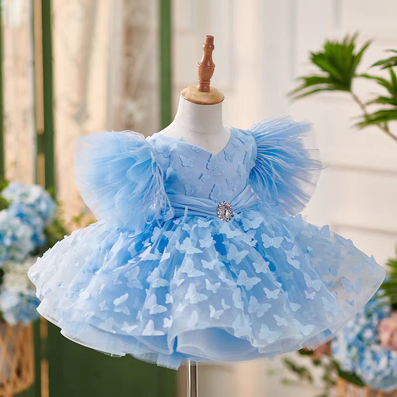 Blue Butterfly Appliqué Tulle Dress with V - Neckline – Plus Size Flower Girl Gown - WonderlandByLilian