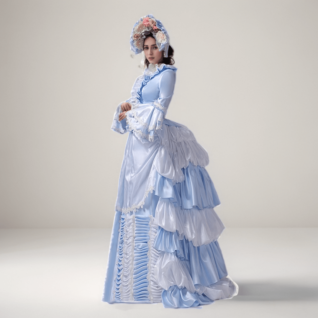 Blue Elegance Rococo Ball Gown with White Lace Accents – Layered Victorian Style Dress Plus Size - WonderlandByLilian