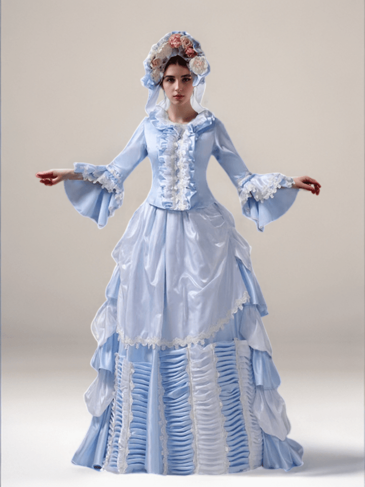 Blue Elegance Rococo Ball Gown with White Lace Accents – Layered Victorian Style Dress Plus Size - WonderlandByLilian